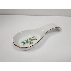 VTG Holly and Berry Spoon Rest White Porcelain Ceramic Gold Trim